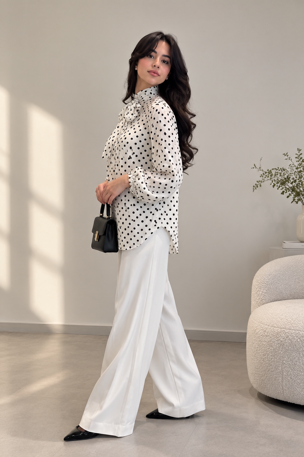 chemise élégante à pois noirs