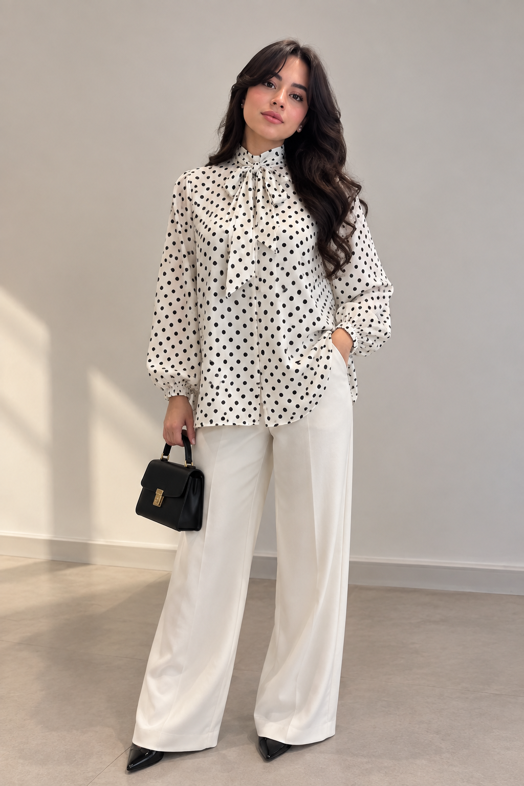 chemise élégante à pois noirs